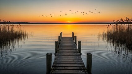 Sunset landscape featuring a serene lake with smooth reflective water
