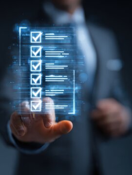 businessman holding a futuristic glowing digital interface with a assurance checklist and document control icons marking items to demonstrate verification and compliance processes