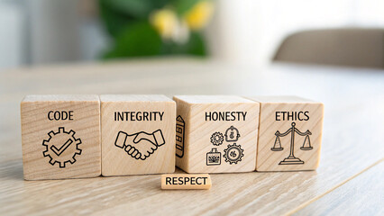Photograph featuring row of wooden blocks, each block displays a different icon and word related to ethical values