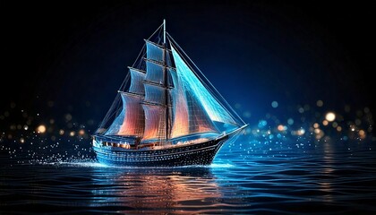 A magical sailing ship with glowing sails navigates calm waters at night, reflecting vibrant blue and orange lights.