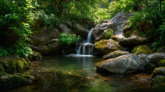 A serene waterfall cascading into a crystal-clear pool, surrounded by lush greenery