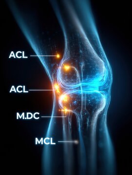 Visual Representation of Knee Anatomy Highlighting Anterior Cruciate Ligament, Medial Collateral Ligament, and Medial Meniscus in a Detailed Format