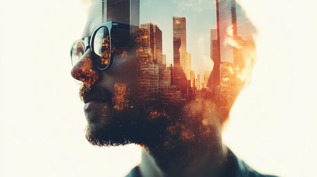 Double exposure of city and man's face