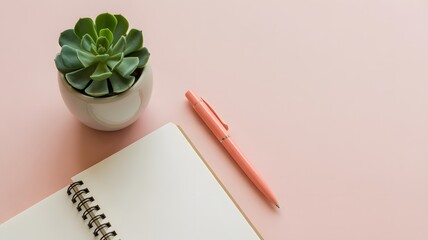 Minimalist workspace with a blank notebook, pen, and succulent on pink
