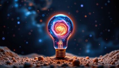 Ethereal Light Bulb with Cosmic Elements and Glowing Rose Imagery in a Dark Starry Background