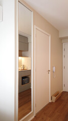 Small Kitchen in light colors Reflected in Decorative Boiserie Mirror. Studio apartment