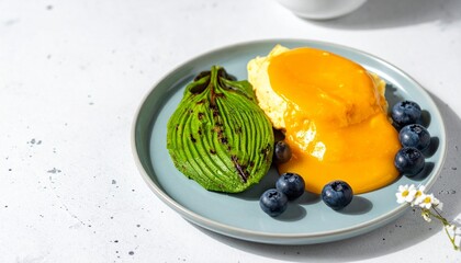 Healthy breakfast plate with vibrant mango sauce and grilled avocado is a delicious start to the day, perfect for wellness recipes and food blogs