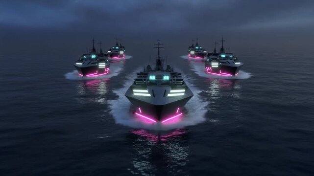 A fleet of futuristic ships with glowing pink and white lights sailing on a dark ocean at night.