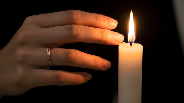 Hand near candle flame with warm light darkness background copy space - Powered by Adobe