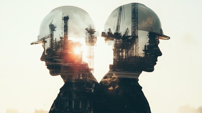 Double exposure of workers at construction site. - Powered by Adobe