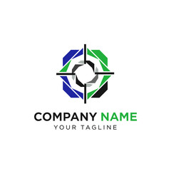 Abstract geometric logo with blue, green, and black segments forming a target or aperture shape, accompanied by company name and tagline.