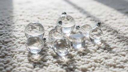 Transparent glass objects on textured surface with bright sunlight and shadows
