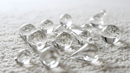 Transparent glass spheres scattered on a textured white surface closeup