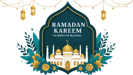 Ramadan Kareem blessing frame—vector with mosque, lanterns, stars, Arabic arch, teal-gold foliage, and festive typography © Vex flow