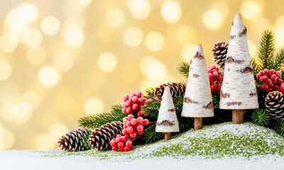 Wooden Christmas trees made of bark among fir branches with cones and red berries on the background of festive lights. Merry Christmas and Happy New Year
