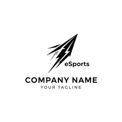 A black and white eSports company logo featuring a dynamic arrow with lightning bolts, text 