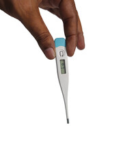 Hand holding a digital thermometer isolated on transparent background