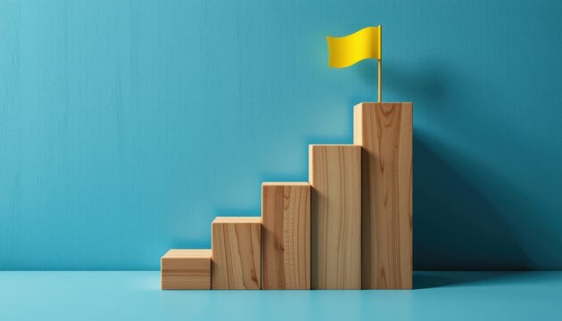 Wooden Growth Chart with Yellow Flag on Top Against Blue Background Representing Success and Achievement in Business - Powered by Adobe