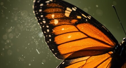 Vibrant orange and black insect wing glistens against a bokeh background with floating water droplets.
