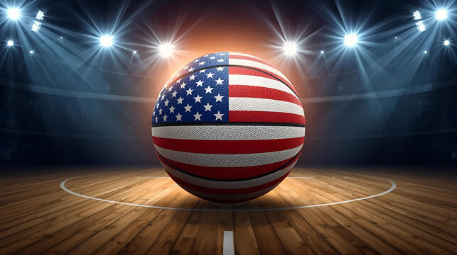 United States of America Flag on the a basketball ball on a court with lights, ai