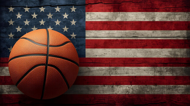Orange leather basketball on a United States of America Wooden flag ai