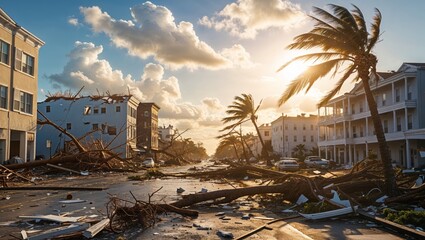Fototapeta premium Devastation after a hurricane with fallen trees and damaged buildings