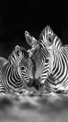 Obraz premium Two zebras gently touch heads in a black-and-white photograph, conveying the warmth of family ties, which will serve as an atmospheric backdrop for projects about wildlife and species conservation.