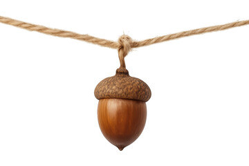 Acorn nut hanging from a sturdy rope with a knot, representing harvest season, natural elements, growth energy, and food