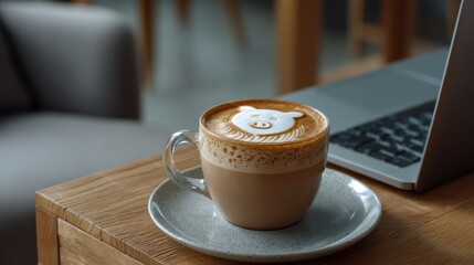Pig latte art on caf&eacute; table near laptop and coffee cup