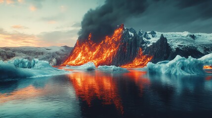 Fototapeta premium Molten lava meets icy glacier in epic landscape.