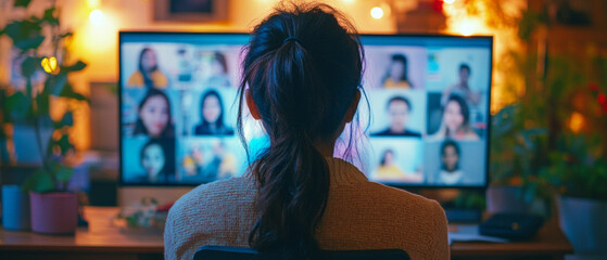 A girl in warm light communicates online, conveying the cosiness of home—a universal backdrop for topics about distance learning or remote work.