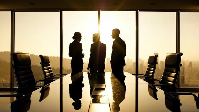 Silhouette of three business people in suit standing by large window in modern office boardroom with city view at sunset