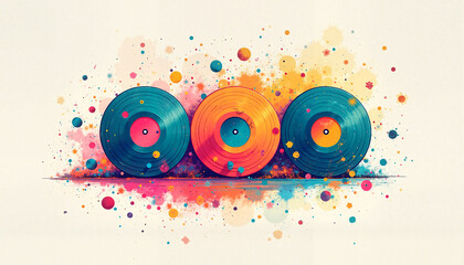 Colorful abstract art of vinyl records with vibrant splashes and circular elements

