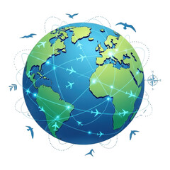 Global travel network connecting continents with airplanes and birds isolated on transparent background