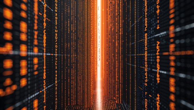 Abstract digital data stream with binary code and glowing light