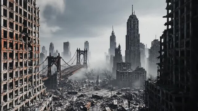 Apocalyptic City Ruins: Destroyed Buildings and Bridges after a Catastrophic Event