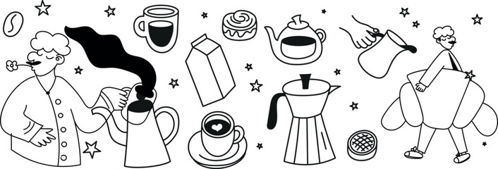 A minimal coffee addict icon pack featuring espresso cups, mugs, beans, brewing tools, filters, sugar packets, and cute caf&eacute;-inspired doodles. Perfect for branding and packaging.