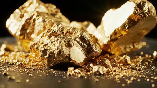Golden metal nuggets scattered across sleek black surface, capturing the concept of wealth, prosperity, or success in various commercial contexts, perfect for conveying exclusivity and high end.