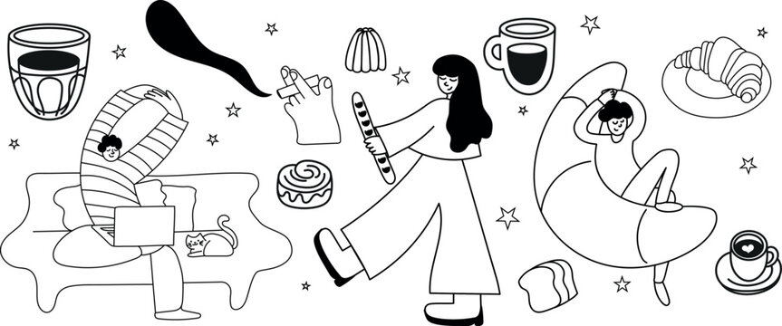 A charming Parisian café illustration set with croissants, baguettes, a stylish girl, tiny tables, warm drinks, plants, and French details. Perfect for branding and lifestyle projects.