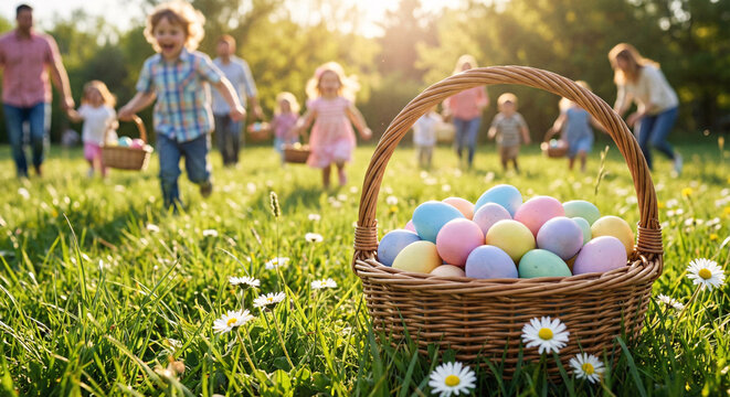 A wicker basket with pastel painted Easter eggs with children participating in Easter egg hunt - Powered by Adobe