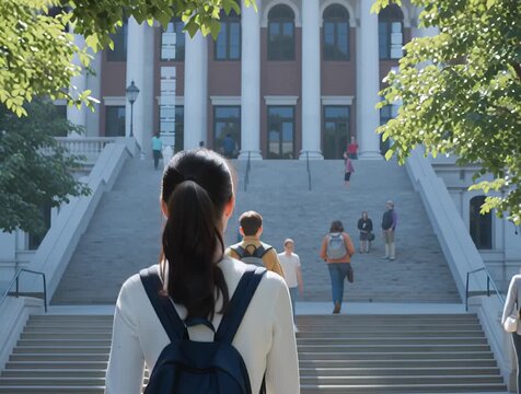 a woman with a backpack walking down a path