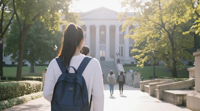 a woman with a backpack walking down a path