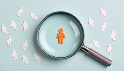 Magnifying Glass Focuses on Individual Among Cutout Figures on Mint Background for Concept of Individuality and Choice