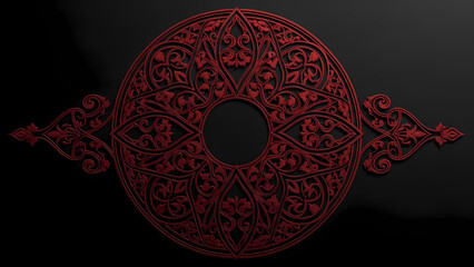 Ornate red filigree circle with floral design and a central opening on a dark background