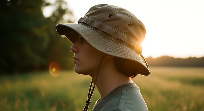 Young man wearing a tan sun hat in a field at golden hour.