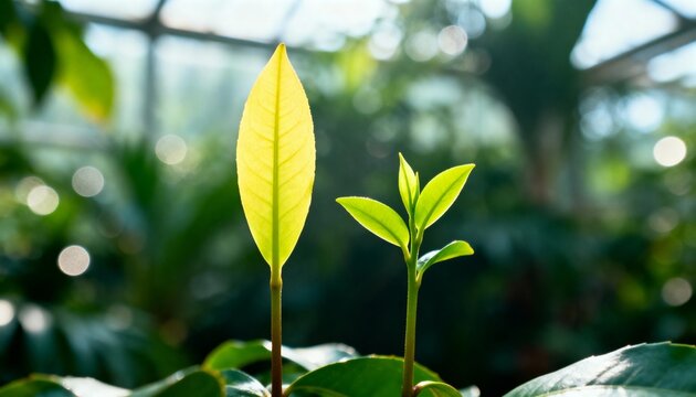 Young plants with sunlight on leaves in blurred greenhouse setting