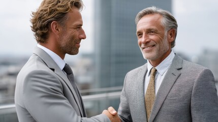 Colleagues celebrate success with handshake on rooftop terrace