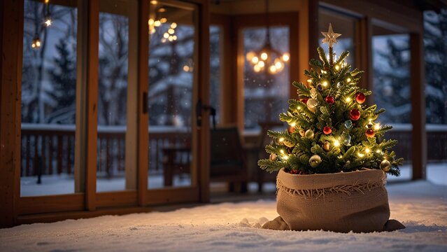 Decorated Christmas tree in a burlap sack with family indoors celebrating Christmas - Powered by Adobe