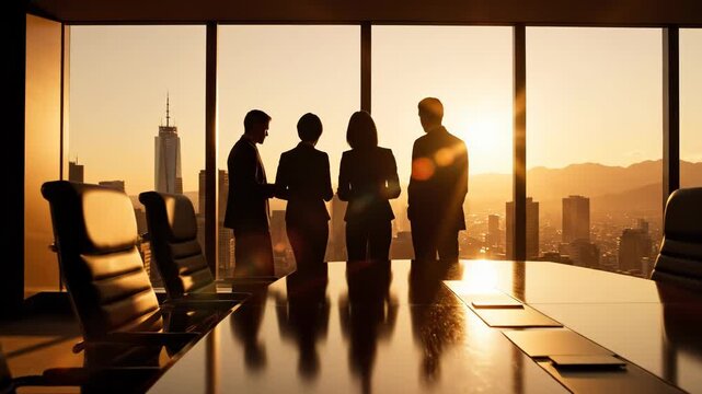 Silhouette of three business people in a meeting room with a large table and city view at sunset or sunrise, symbolizing corporate discussion