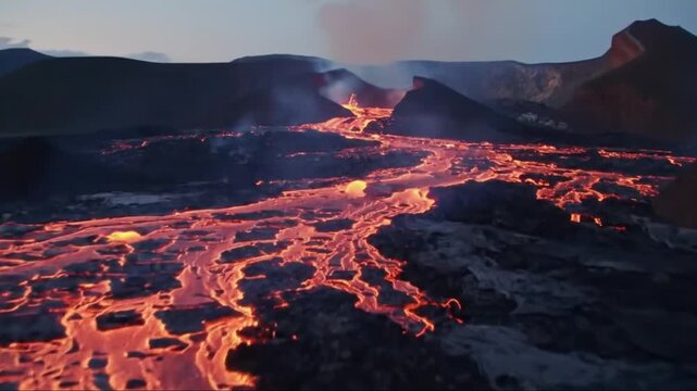 Cinematic aerial glide over active volcanic plateau with glowing lava rivers and cracks, rising smoke, dramatic lighting